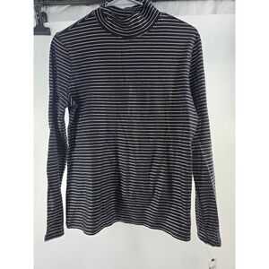 Studio Works Womens Black Silver Metallic Striped Turtleneck Cotton Top S NEW